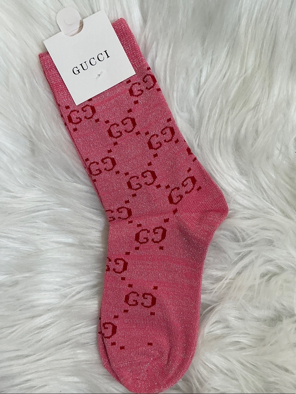 Designer GG Pink Sparkling Logo Crew Socks - Picture 3 of 3